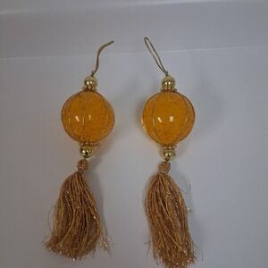 Amber Bubble Glass Tassel Ornaments Pair Heavy Glass Gold Glam MCM Style Decor